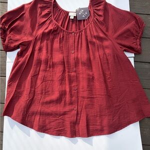Women plus size 1X Ava & Viv Burgundy Button-Front Peasant Blouse
